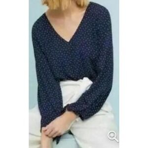 Anthropologie MAEVE Navy Polka Dot PERNILLE TIE-SLEEVE BLOUSE‎ Billowy Top XS